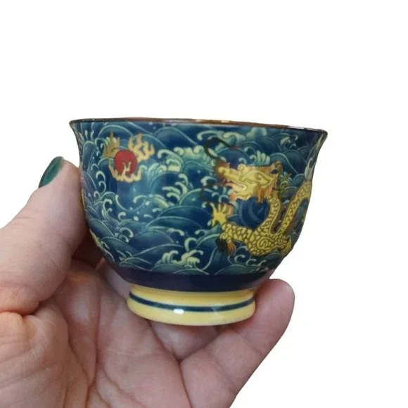 Chinese Golden Dragon Teacup Teapot Blue Red Ball Luck Sea Waves Signed READ - Picture 2 of 16